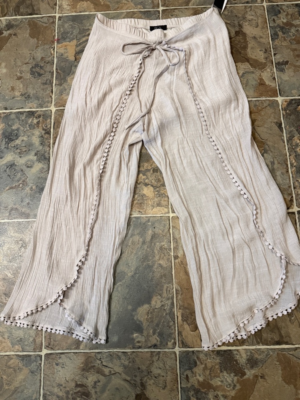 BCX Pale  tan Wide-Leg Drawstring Pants with Pom Trim